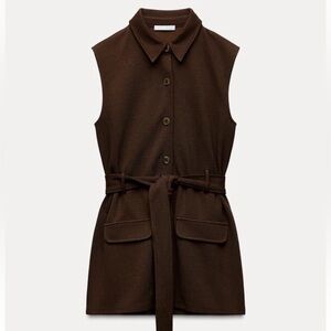 Zara Brown Twill Belted Waistcoat Vest Size S NWT